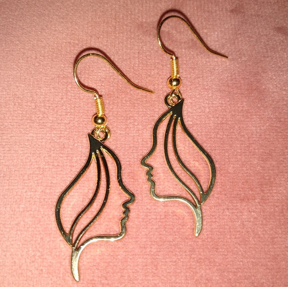 Abstract Woman Face Earrings Artistic Line Art Hair Lady Profile Gold Outline - Picture 5 of 5